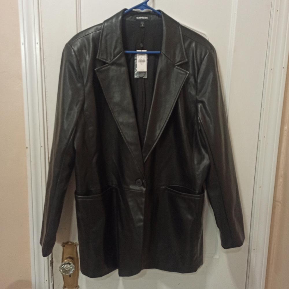 NEW EXPRESS BLACK FAUX LEATHER ONE BUTTON BLAZER JACKET SZ XL